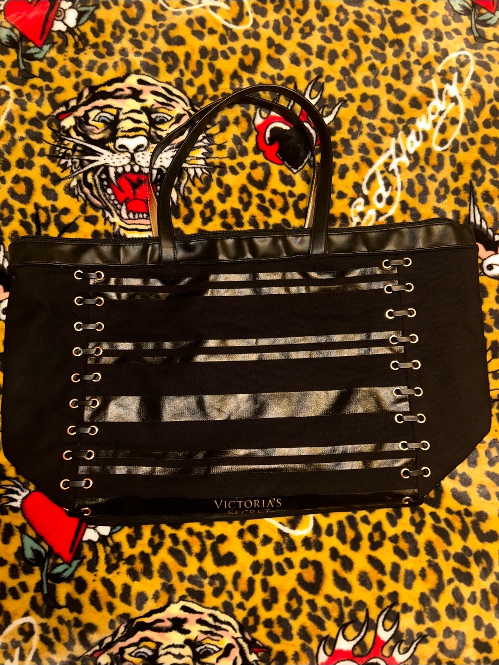 Victoria's Secret Black Striped Tote with Grommet Details